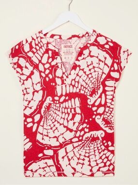 FatFace Red White Cream Linen Cotton Blend Beach Print Notch Neck Top Size 6